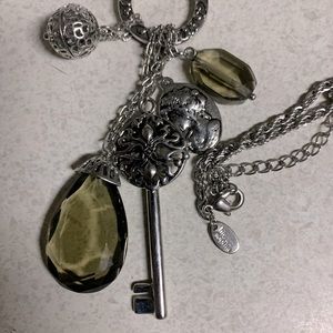 Lia Sophia Silver Key Necklace Cameo, Smoky Grey Crystals, Cameo, Filigree Ball